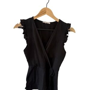 Caution To The Wind Black Ruffled Wrap Blouse